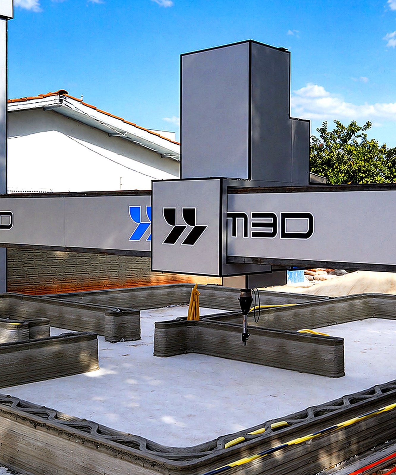 Máquina HOM3D imprimindo paredes de concreto em obra real